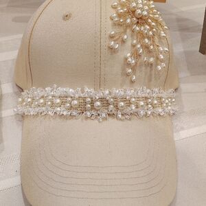 Elegant Pearl-Embellished Tan Cap